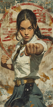 Painting of a young woman punching