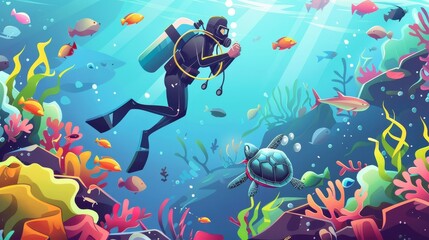 Obraz na płótnie Canvas Modern landing page with cartoon illustration of garbage on sea floor with woman scuba diver holding turtle in plastic bags underwater in sea. Ocean pollution by trash, global littering.