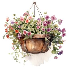 Delicate Hanging Floral Basket on White Generative AI