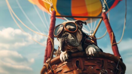 Pilot dog, wearing sunglasses, is flying in a hot air balloon. The dog looks relaxed and content as it enjoys a unique adventure in the sky.