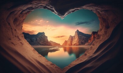 Serene Sunset Landscape with Heart-Shaped Cave Generative AI - obrazy, fototapety, plakaty