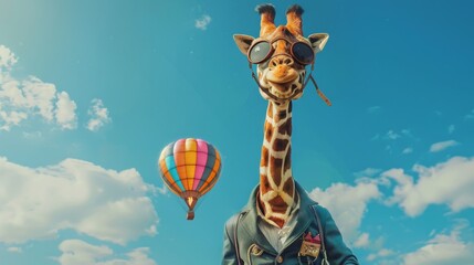 Pilot giraffe is standing next to a colorful hot air balloon in a field. The giraffes long neck and spotted coat contrast with the vibrant balloon floating above.
