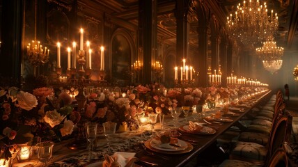 An opulent dining hall bathed in soft candlelight, featuring an extravagant birthday banquet set upon a long, ornate table adorned with cascading floral arrangements and delicate crystal glassware.