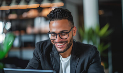 Obraz premium Young diverse successful businessman smiling while looking at laptop working on online project, eco friendly environment meeting office workplace.