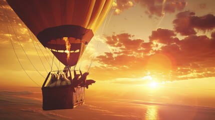 A hot air balloon gracefully floats above the ocean as the sun sets, casting a warm glow over the water. The colorful balloon stands out against the orange and pink sky, creating a stunning contrast.