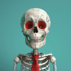 a skeleton with a red tie and a skull mask - obrazy, fototapety, plakaty