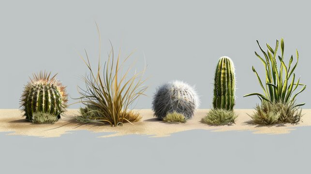 Modern realistic set of flow sand, green desert plants, rolling dry bushes, old tumble grass in prairie with brown dust clouds and tumbleweed.
