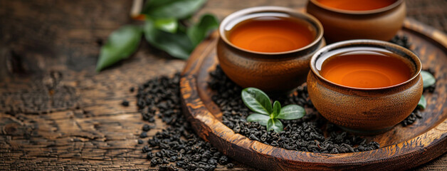 a ceramic bowl full of green tea and tea leaf bud on a wooden table