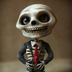 a skeleton figurine with a red tie and a suit