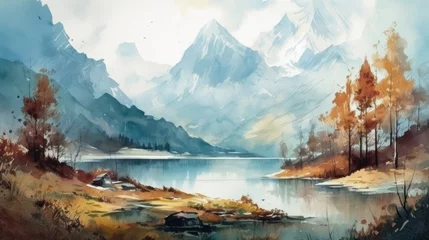 Deurstickers Breathtaking Watercolor Landscape of the Swiss Alps Generative AI © AlexandraRooss