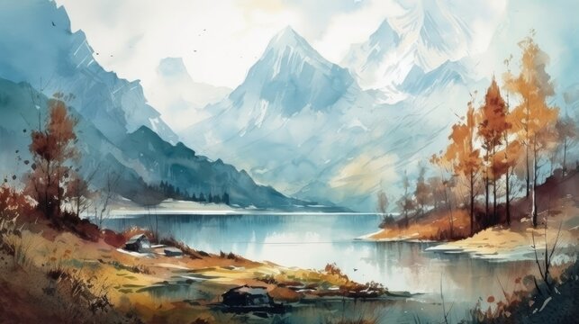 Breathtaking Watercolor Landscape of the Swiss Alps Generative AI