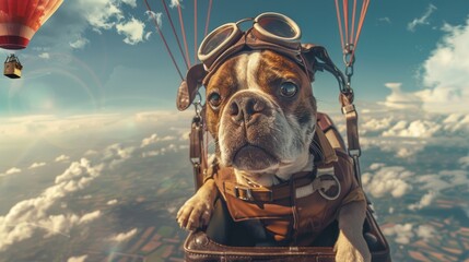 Pilot dog is actively participating in a hot air balloon ride, floating high above the ground with the wind blowing through its fur.