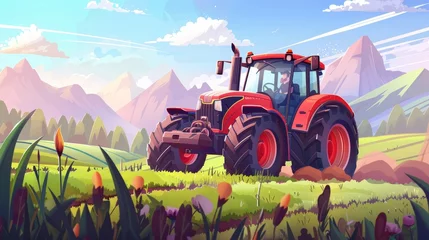 Deurstickers This cartoon modern illustration features a tractor plowing a field on a rural mountain landscape in which a worker watered the plants and cared for it. Traditional agriculture, village life, © Mark