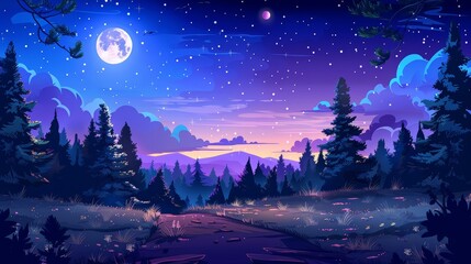The night sky with full moon and clouds and conifers trees under dark starry sky. Spruces with glowing fireflies scenery wood, modern illustration.