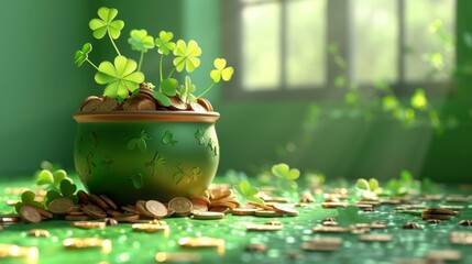 a pot with coins and a plant with leaves