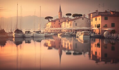 Obraz premium Serene Sunset at Bardolino Harbor Generative AI
