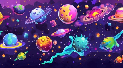 Space cartoons landing pages, futuristic satellites, meteors, asteroids, galaxy and cosmos theories, computer game graphics, modern web banners. - obrazy, fototapety, plakaty