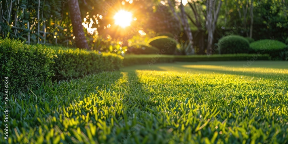 Wall mural Beautiful green lawn with lush grass in the garden at sunset, golden sunlight filtering through green trees