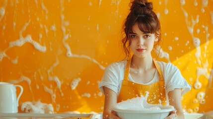 a woman in an apron holding a bowl of food