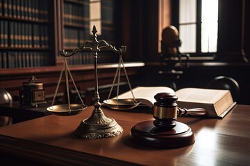 Courtroom Setting with Gavel and Scales of Justice Generative AI