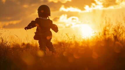 A young child joyfully runs through a field as the sun sets, casting a warm glow over the landscape. The childs movement is captured in a dynamic and energetic moment.