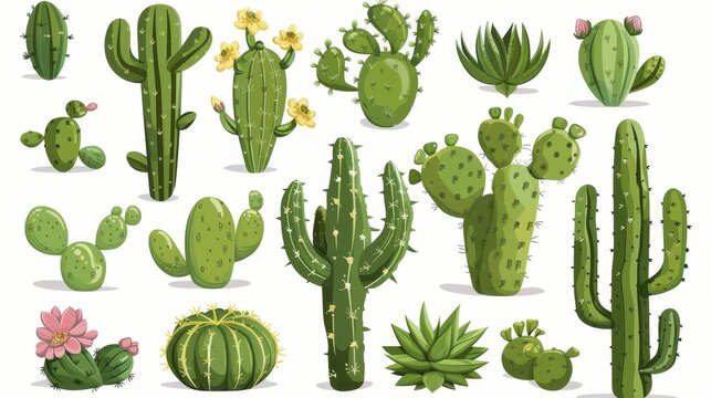 A modern cartoon set of green prickly cacti with blossoms and spikes. The icons represent houseplants, succulents, and desert plants.
