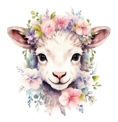 Delicate Watercolor Lamb Portrait on Floral Wreath Generative AI