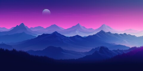 Nostalgic Minimalist Mountain Landscape in Dark Cyan and Violet Generative AI
