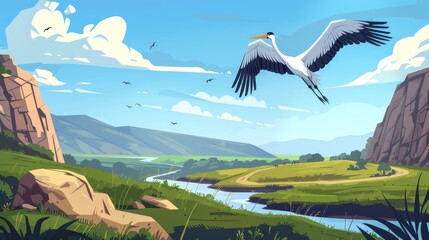 Naklejka premium Stork flies over mountain valley with green fields and river. Modern cartoon illustration of summer landscape with green grass, road, lake, and rocks on horizon and flying ciconiidae bird.