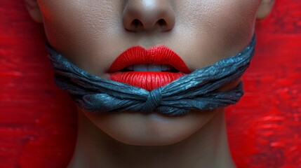 a woman with a red lipstick and a blue tie around her mouth - obrazy, fototapety, plakaty
