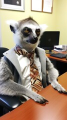 Sophisticated Lemur Executive in Madagascar-Themed Office Generative AI