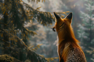 A fox is sitting in the woods, looking up at the sky - Powered by Adobe