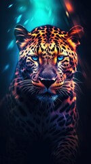 Vibrant Neon Leopard on Dark Background Generative AI