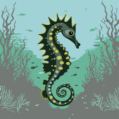 Vector, seahorse and underwater background.
