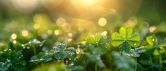 Glistening Dew on Sunlit Clovers - A Symbol of Luck and Purity. Concept Nature Photography, Symbolism, Clovers, Luck, Purity - obrazy, fototapety, plakaty