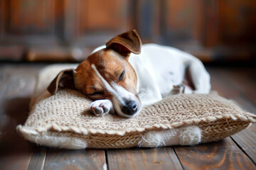 A dog is sleeping on a brown pillow on a wooden floor