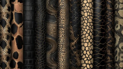 Modern background set for luxury fashion items made from snake, crocodile, or lizard skin textures. Seamless patterns with wild animals leather print.