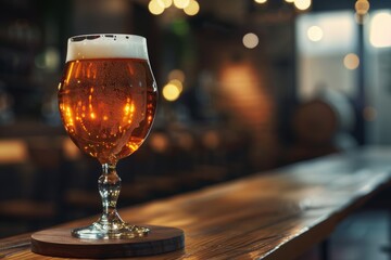 Beer glass on wooden bar at drinking establishment - obrazy, fototapety, plakaty