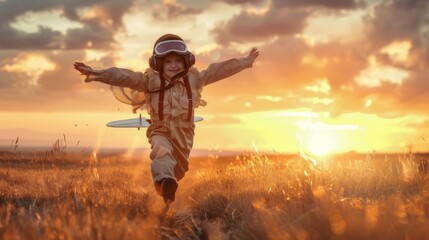 A young child Airplane pilot is energetically running through a vast field while holding a colorful kite high in the sky. The childs joyful expression and movement are captured in this dynamic scene.