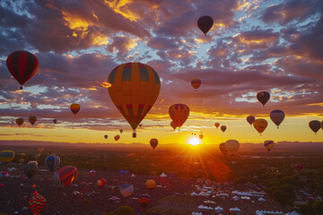 Naklejka premium A sky full of hot air balloons with a beautiful sunset in the background