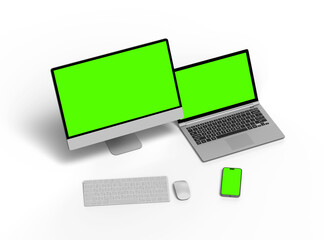 3d render of desktop, laptop, smartphone and tablet on a transparent background