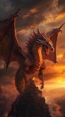 Majestic Dragon Breathing Flames in Cloudy Sky Generative AI