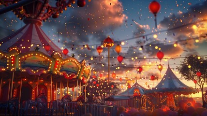A whimsical scene of a birthday carnival at twilight, with colorful carousel horses spinning gracefully , creating a magical atmosphere of joy and wonder.


