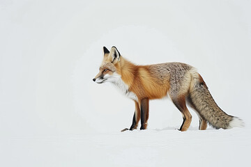 A fox is standing in the snow with its head tilted to the side