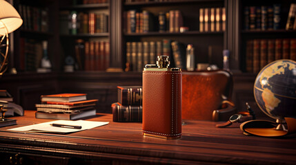 A classic, leather-bound flask bottle mockup on the desk of a dimly lit study. 32k, full ultra hd, high resolution