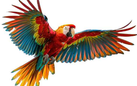 Colourful flying Ara on white background,png