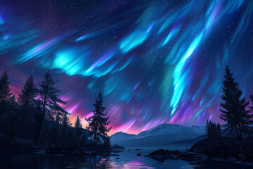 A beautiful night sky with a blue aurora and a forest in the background