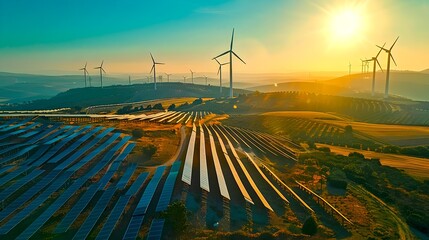 Renewable Energy Landscape at Sunset, Solar Panels with Wind Turbines. Eco-friendly Power Generation. Sustainable Resources. Photovoltaic Park. Environmental Conservation. AI