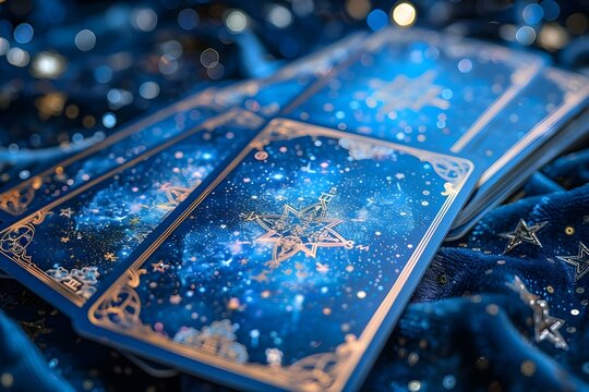 Mystical Tarot Cards Adrift in a Starlit Cosmic Sea. Concept Magical Photography, Astral Landscapes, Tarot Card Art, Cosmic Fantasy, Mystical Portraits