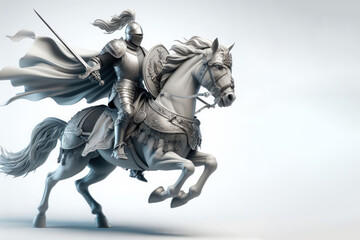 A knight in armor and with a sword rides a horse. Space for text.